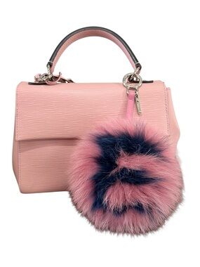 Authentic Fendi ABC Letter E Fox Fur Pom Pom Bag Charm Pink Navy Made in Italy